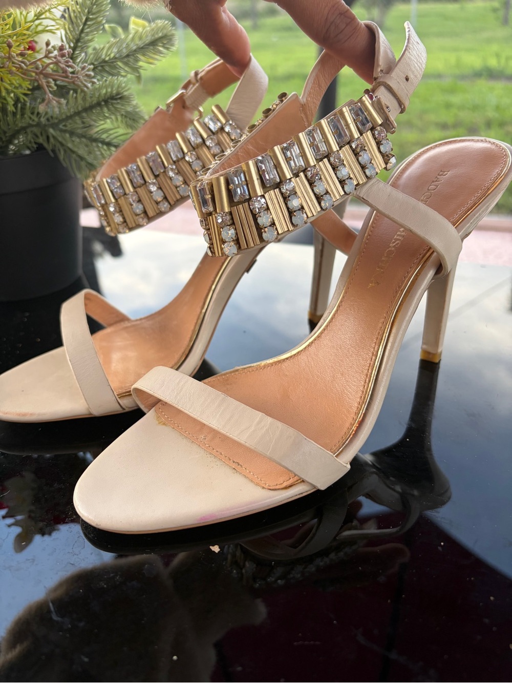 Badgley Mischka Ivory Jeweled Ankle-Strap Stiletto Sandals